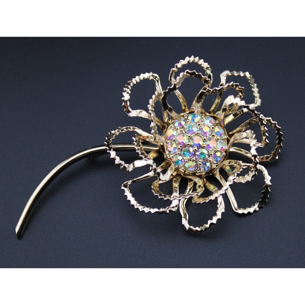 Sarah Coventry Big Gold Rhinestone Filigree Flower 3.5" Brooch Pin